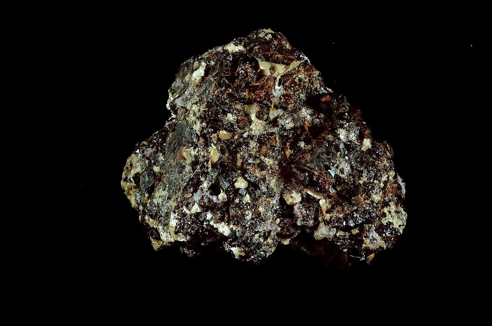 Amostra de cassiterita, mineral marrom-escuro e brilhante, misturado a quartzo claro, sobre fundo preto