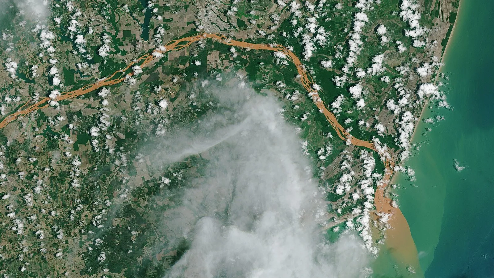 Imagem de satélite do trecho final do Rio Doce, com a água cor de barro atravessando áreas verdes e formando uma pluma marrom no mar